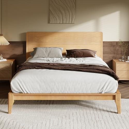 Merax Queen Size Bamboo Platform Bed Frame with Tall Headboard, Natural