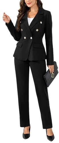 Aotasely Women's 2 Piece Suits Business Casual Outfits Double Breasted Blazer Pantsuits Professional Office Work Sets Black