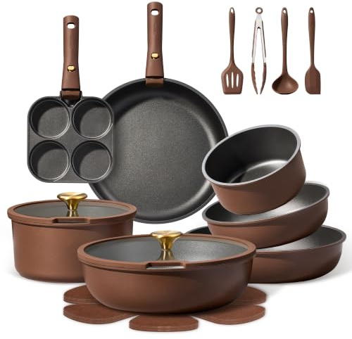 CAROTE 21pcs Pots and Pans Set, Nonstick Cookware Set Detachable Handle, Induction Kitchen Cookware Sets Non Stick with Removable Handle, RV Cookware Set, Oven Safe, Brown