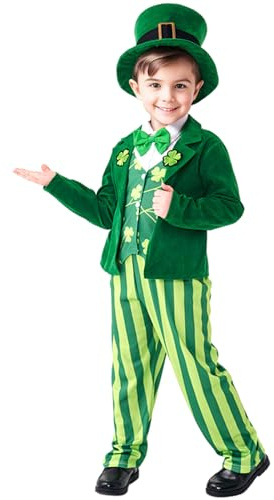 Harsever St Patricks Costume Kids 5 PCS,Full St Patricks Day Costumes Outfit for Boys Accessories with Hats Necklace (140)