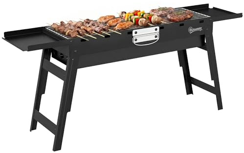 Outsunny Portable BBQ Grill, Foldable Charcoal Grill for Camping and Picnics, Charcoal Barbecue with 2 Side Shelves and Handle, Black