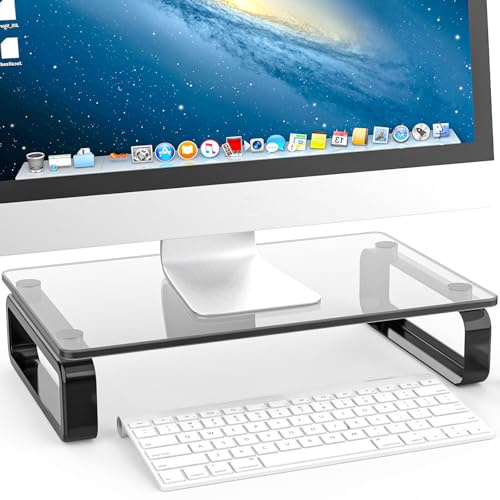 Hemudu Supporto Monitor Scrivania, Rialzo Monitor Altezza Regolabile, Porta PC Portatile per Laptop/Computer/Xbox One, con Vetro Temperato e Gambe in Metallo, 38X24X5cm, Peso Max 40kg, Nero HD02T-001P