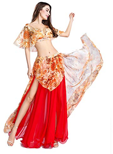 ROYAL SMEELA Bauchtanz Rock Bauchtanz Oberteil Anzug Sexy Bauchtanz kostüm Damen Performance Kleider Blumen Chiffon Tanzen Tops Röcke Tanz Outfit Set für Frauen Tanzkostüm Röcke Oberteil Tanzanzug