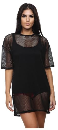 janisramone Haut en résille à manches courtes pour femmes T-shirts surdimensionnés en maille transparente pour femmes Tunique longue douce et confortable Tops amples pour femmes UK - T-shirts