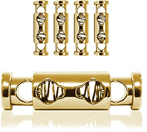 Ganzoo tope recto para cordón con doble orificio, fabricado en metal color dorado, set 4 unidades, 36 x 10 mm, diámetro 5 mm, 9 g, para cordones de ajuste en chaquetas, mochilas y bolsas