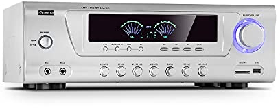 auna AMP 3800 BT 5.0 - Amplifier HiFi-Verstärker, 2 x 120 Watt + 3 x 50 Watt RMS, Bluetooth-Funktion, USB-Port, SD-Slot, 2 Mikrofon-Anschlüsse, DVD-Stereo-In, Stereo-Line-Out, Silber