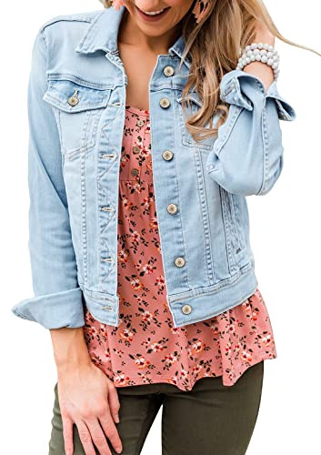 Roskiky Ladies Summer Jackets Stretchy Jean Jacket Light Denim Jacket Side Pockets Cropped Jacket Stretchy Light Denim Jacket Azure Mood Size Small fits Size 8 to Size10