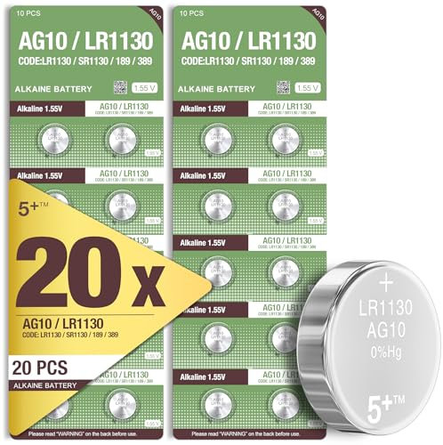 5Plus 20-Pack LR1130 AG10 SR1130 LR54 189 387 390 389 1.5V Alkaline Button Cell Batteries – for Watches, Hearing Aids, Glucometers, Key Fobs, Car Keys, and Small Electronics