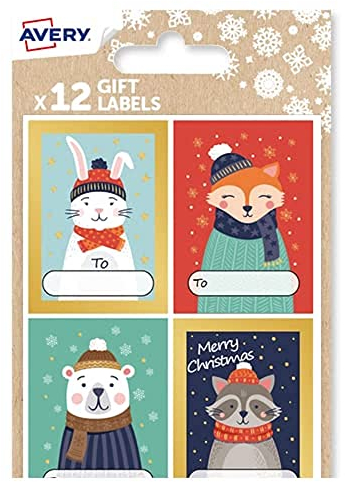 Avery Festliches Etiketten-Set mit Wintertier-Designs – 12 Stück Geschenk-Etiketten-Aufkleber, selbstklebende Premium-Weihnachts-Namensetiketten und Geschenkpapier-Dekoration.