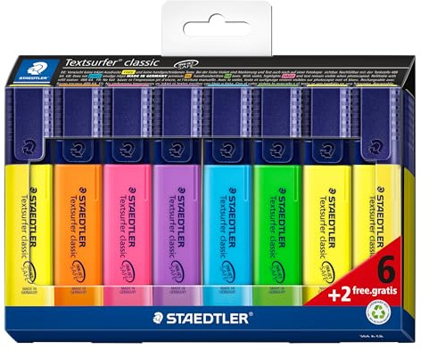 STAEDTLER 364 A C8 Textsurfer Classic Highlighter - Assorted Colours (Card Pack of 6+2 FREE)