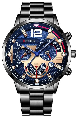 OIDEA Uhren Herren Armbanduhr Quarz: Schwarz Herrenuhr Analog Quarz 3 Zeitzone Uhr mit Beleuchtenden Zeiger Kalender Großen Zifferblatt Edelstahl Armband Geschenk für Männer Freund