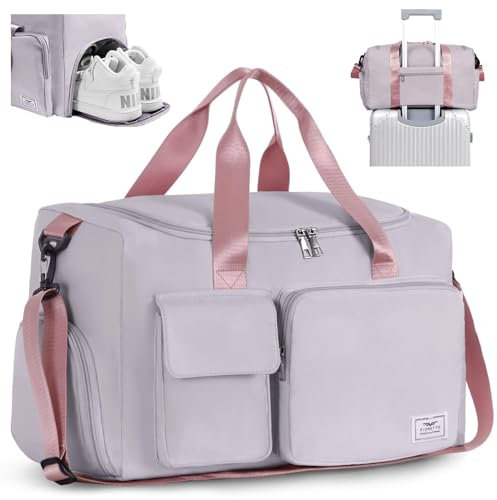FIORETTO 35L Damen Sporttasche Faltbare Reisetasche mit Schuhfach und Nassfach, Wasserabweisende Weekender Gym Travel Bag Handgepäck Tasche Trainingstasche für Damen Herren Hellgrau&Rosa
