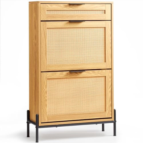 VEVOR Schuhschrank Schuhkommode aus Rattan mit 2 Klappschubladen & 1 Ausziehschublade, Metallbeine, schmaler Schuhschrank ideal für Eingangsbereich Diele Schrank Flur helle Holzfarbe Schuhkipper