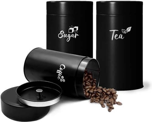 Daily Treasures 3er-Set Schwarze Teedosen mit Doppelverschluss, Aromadichte Edelstahl-Behälter für Kaffee/Zucker/Teelagerung, Küchenaufbewahrung mit Griff & Etiketten (16x8,5cm)
