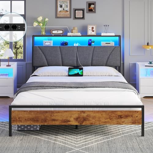 Brinlawb Bett 120x200 cm mit LED Beleuchtung und Ladestation (2 AC-Steckdosen, USB-A, USB-C) Bettgestell Jugendbett 120x200 mit gepolstertem Kopfteil und 2 offenen Regalen, Robustes Metallbett, Grau