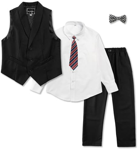 LOLANTA 5-Piece Boys Waistcoat Suit Set, Kids Wedding Birthday Party Formal Suit for Boys, Page Boy Solid Vest Pants Shirt Bow Tie Outfit
