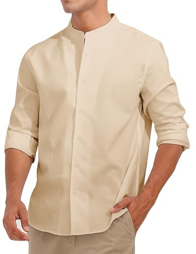 Fanient Camicia da Uomo in Lino,a Maniche Lunghe,con Colletto Alto,vestibilità Regolare,Estiva,da Viaggio,vestibilità Regolare,Taglia M