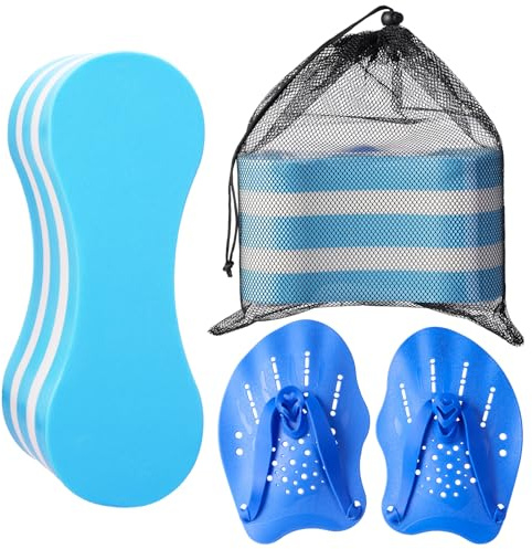 LYEAA Swim Training Pull Buoy Adjustable Strap Hand Paddles Set for Adults (Blue) (C)