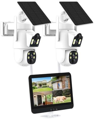 AKAVIG Sistema de cámara de seguridad de doble lente de 4 MP con monitor NVR y 2 cámaras, kit de cámaras de vigilancia solar WiFi inalámbricas con audio bidireccional, visión nocturna a color