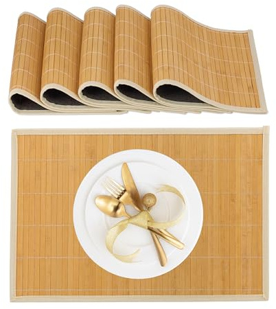 Relaxdays Tischset, 6er Set, Bambus, Stoffrand, rutschhemmend, 45 x 30 cm, Teller, Esstisch, eckiges Platzset, Creme