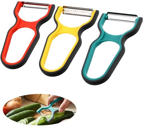 3 Stück Sparschäler Edelstahl Y-Schäler für Küche, Gerade Gezahnte Klinge und Reibeklinge Sparschäler für Obst Gemüse Kartoffelschäler Multifunktionale Küchenutensilien (Rot, Gelb, Grün)