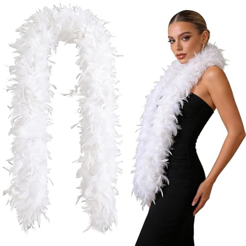 KASLCWA Boa de Plumas Blancas, Boas para Disfraces, Boas de Plumas, Bufanda de Pluma Esponjosa, Bufanda de Pluma Grande Blanca de 2 m para Fiestas, Navidad, Centros de Mesa de Boda, Disfraces