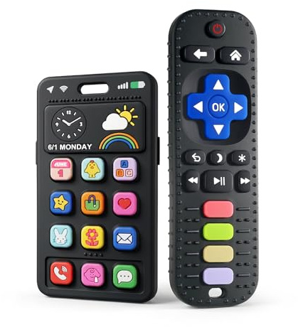 Bitringar leksak för baby 3-6 12-18 månader, 100 % silikon baby fjärrkontroll & mobiltelefon tandhjälp för 3-6 9 månader småbarn pojkar flickor, badleksaker, biteleksaker, BPA-fri