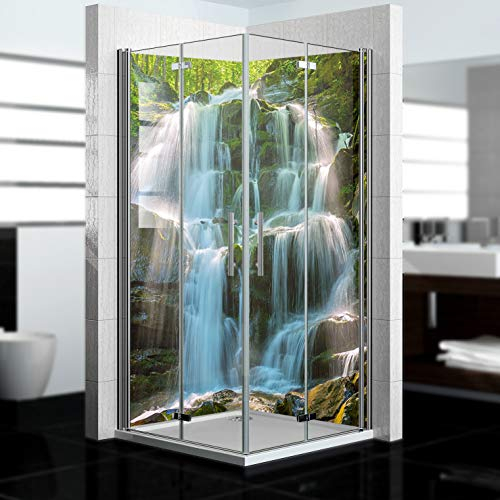Dedeco 2x Premium Bad Duschrückwand mit Motiv: Wasserfall V6, 90x200cm, wasserfest, hochwertig fugenlose Wandverkleidung aus 3mm-Alu-Verbundplatte, Fliesenersatz ohne Bohren, Made in Germany
