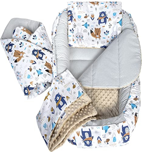 Medi Partners Babynest Nestchen Baby Set für Neugeborene - 100x60x15 Kuschelnest 5 teilig tragbar Nest zweiseitig Babynestchen Bett 100% Baumwolle (Boho mit Beige Minky)