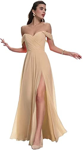 N/ C Robe de demoiselle d'honneur pour femme, épaules dénudées, robe de bal formelle pour invités de mariage, champagne, 38