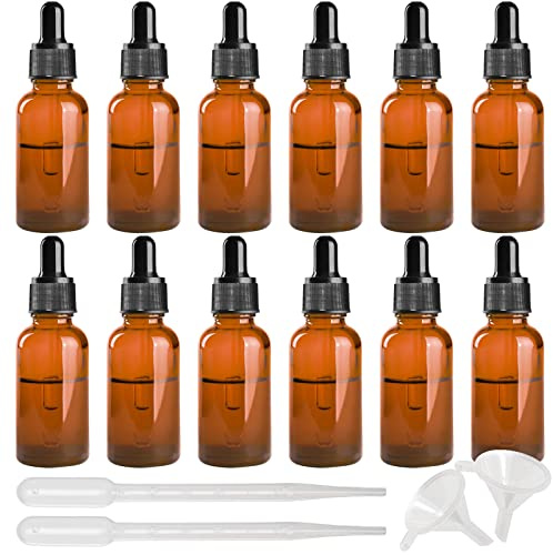 INHEMING 30 ml glasdroppflaska, brun tom glasflaska med glaspipetter, för eteriska oljor, aromaterapi, kemisk vätska (2 droppar och 2 tratt)- 12 st