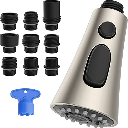 Hibbent 3 Modi Brausekopf Küchenarmatur Ersatz Herausziehbarer,Geschirrbrause ersatzkopf kompatibel mit Moen,Delta, Kohler Wasserhähne,Brausekopf küchenarmatur mit 9 Adaptern,gebürstetem Nickel