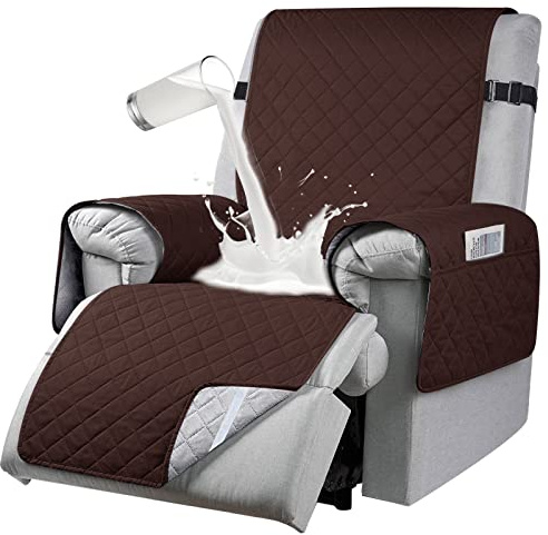 RAPRAP Recliner Sofa Cover with 6 Side Pockets, 1 Seats Chair Adjustable Tightening Straps, Slipcover for Armchairs, Protect Pets, Brown, (RAPRAP03)