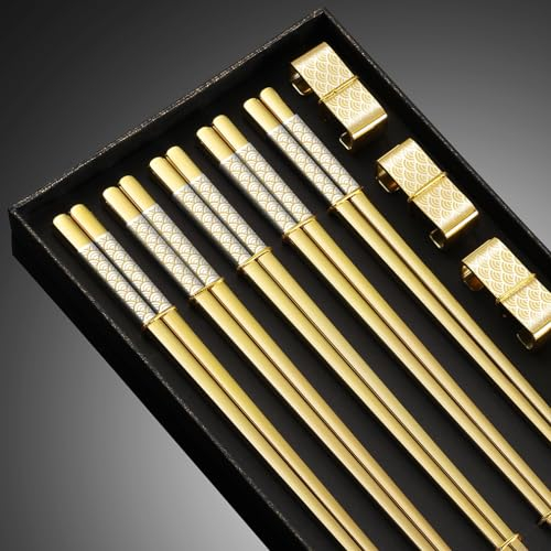 TIICOO Metall Essstäbchen Wiederverwendbare 5-Paar Titan überzogene Edelstahl-18/8 Essstäbchen mit Halter, Geschirrspüler Safe Leichte japanische Art Essstäbchen Geschenk-Set (Golden)