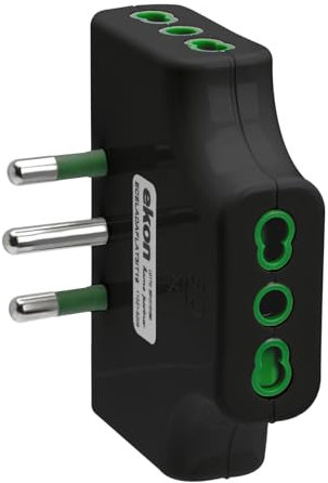 ekon adattatore multipresa piatto, 3 prese europee, spina italiana 16A, Made in Italy, salvaspazio, nero
