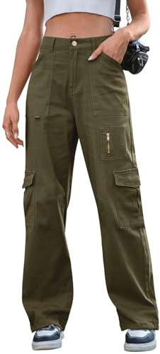 IVIR Cargo Jeans for Women High Waist Wide Leg Pants 7 Pockets Combat Military Trousers Army Green Large