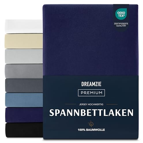 Dreamzie Premium Spannbettlaken 90x200 cm, Spannbetttuch für Dicke Matratzen bis zu 22 cm, Bettlaken 100% Jersey Baumwolle, 150 g/m², Oeko-TEX Zertifiziert - Dunkelblau
