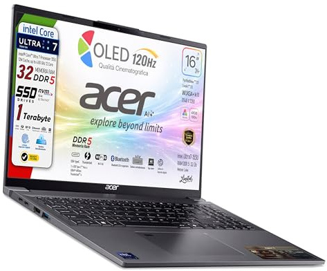 Acer Notebook Aspire, Display 16 OLED WUXGA+ 120Hz, Intel Ultra7 155U 12Core, DDR5 RAM 32Gb, SSD PCI 1 Tb, Thunderbolt 40Gb/s, Tastiera retroilluminata Italiana, fingerprint, Pronto all'Uso