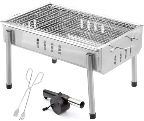 Oceano Barbecue a carbone in acciaio inox bracere richiudibile in metallo portatile bbq da esterno griglia per giardino pic-nic campeggio escursione gita (28,5x55x42.5cm + soffiatore + utensili)
