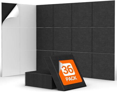 36 Pack Sound Proofing Panels Self-adhesive, TONOR 30x30x0,9cm Square Acoustic Absorbing Panels for Wall, High Density Insulation Soundproofing Panels for Podcast Studio, Living Room, Offices, Black