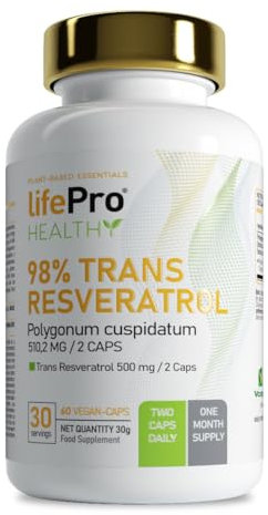 Life Pro Trans Resveratrol 98% 60 Caps | Polifenol de Origen Vegetal | Ayuda a Expandir los Vasos Sanguíneos | Reduce la coagulación | Reduce los Niveles de Azúcar en Sangre