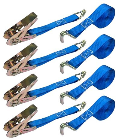 H&J 4 x 800 KG Ratchet Straps with Double Hooks, 4m x 25mm Tie Down Straps, Heavy Duty Adjustable Lashing Straps for Cars, Trailers, Motorcycles and Household