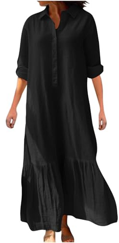 RLEHJN Robe Lin Longue Femme Chic et Elegant Grande Taille - Chemise Midi Couleur Unie avec Revers Décontractée - Tunique Ample Long pour Travail avec Poches