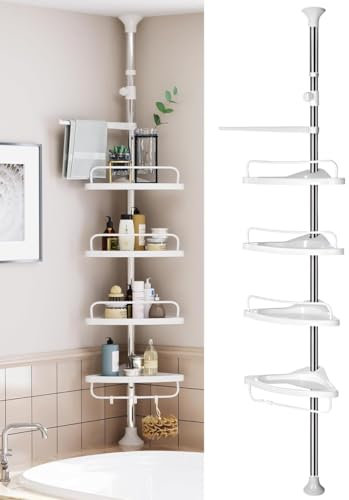 A.M.C. Mensola Doccia Angolare senza Foratura Mensole Bagno Portaoggetti Doccia Acciaio Inossidabile con 4 Ripiani e 1 Portasciugamani 100-320cm Bianco