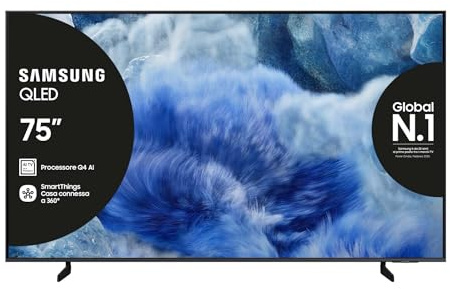 Samsung QLED 4K Vision AI Smart TV 75'' QE75Q8FAAUXZT, Q8F, Q4 AI Processor, 4K Upscaling, OTS Lite, Air Slim Design, 100% di Volume Colore con Quantum Dot, PACCHETTO INTRATTENIMENTO, 2025