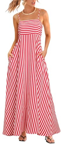 CUPSHE Women's Maxi Dress Sleeveless Spaghetti Strap Flowy Summer Casual Striped Dress with Pockets Red S