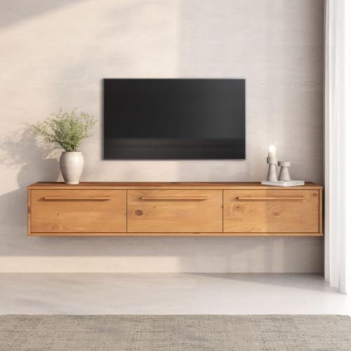 IDIMEX Meuble TV Suspendu TECCA L 180 cm en Bois Massif Coloris Chêne avec 3 Portes, Meuble Télé Mural Design Moderne à Accrocher au Mur
