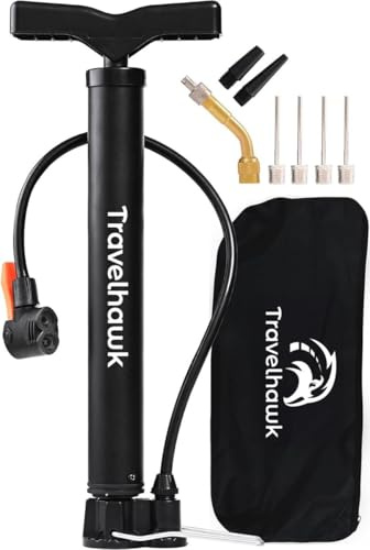 TravelHawk Bomba de bicicleta todas las válvulas negro – Bomba de aire para bicicleta de acero inoxidable con bolsa de transporte, bomba de pie para bicicleta para viaje, bomba de aire de pie, bomba