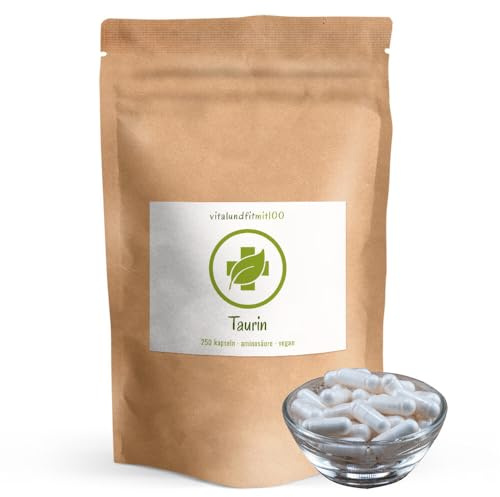 vitalundfitmit100 Taurin – 250 vegane Kapseln – 1000 mg pro Portion – DE Herstellung