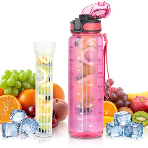 OTraki Gourde Sport 1 L Sans BPA Tritan avec Infuseur Rose | Bouteille Etanche Verrou Sécurité Graduée pour Enfants Fitness Plein Air Ecole Bureau